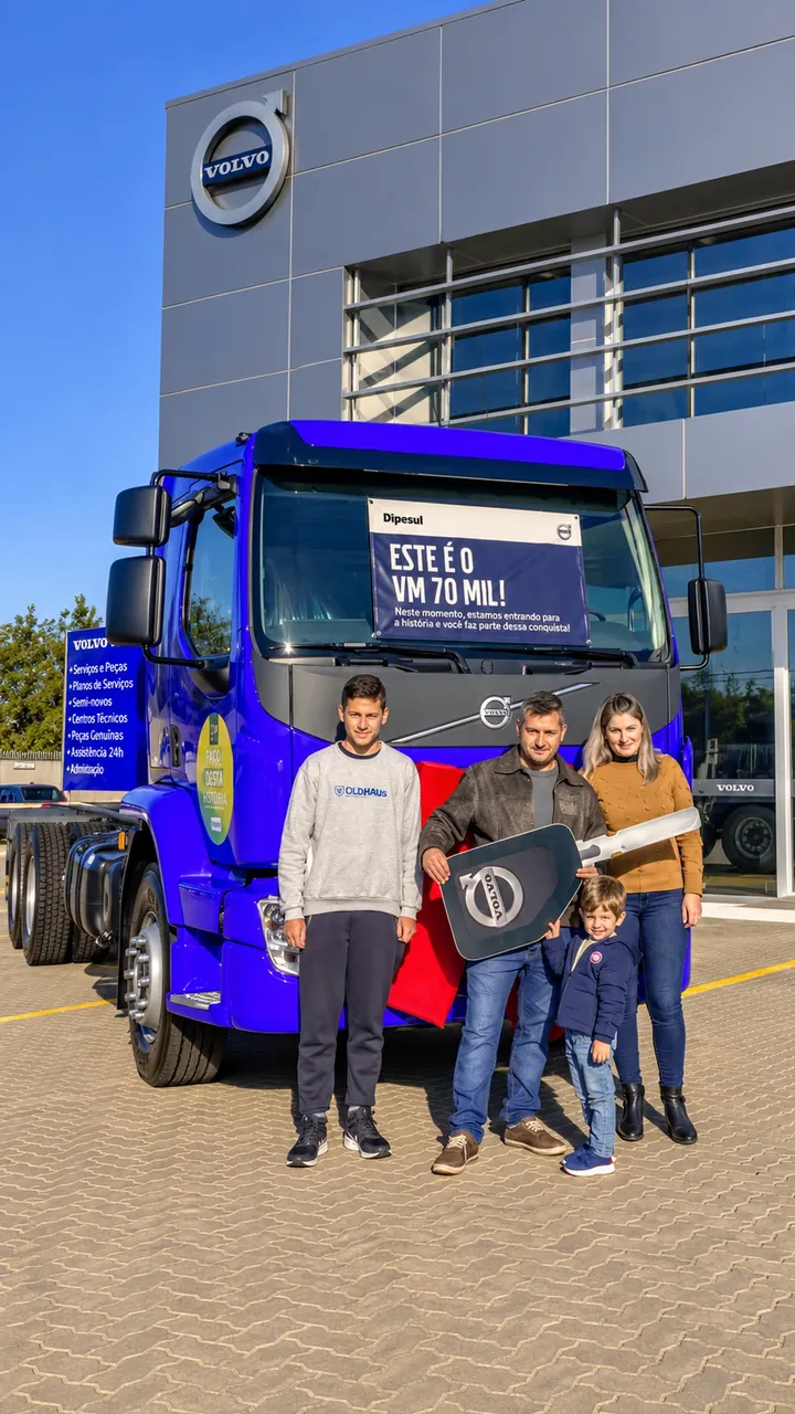 Família recebe a chave de um caminhão Volvo VM azul na concessionária